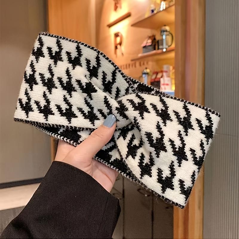 Винтажная элегантная широкая повязка на голову с узором «гусиная лапка», шикарная спортивная теплая повязка на голову для женщин, аксессуар для волос с перекрестным узлом