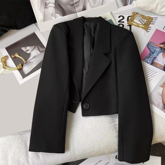 Women Short Suit Coat Lapel Long Sleeve Single Button Suit Jacket Solid Color Loose Fit Casual Business Style Suit Coat