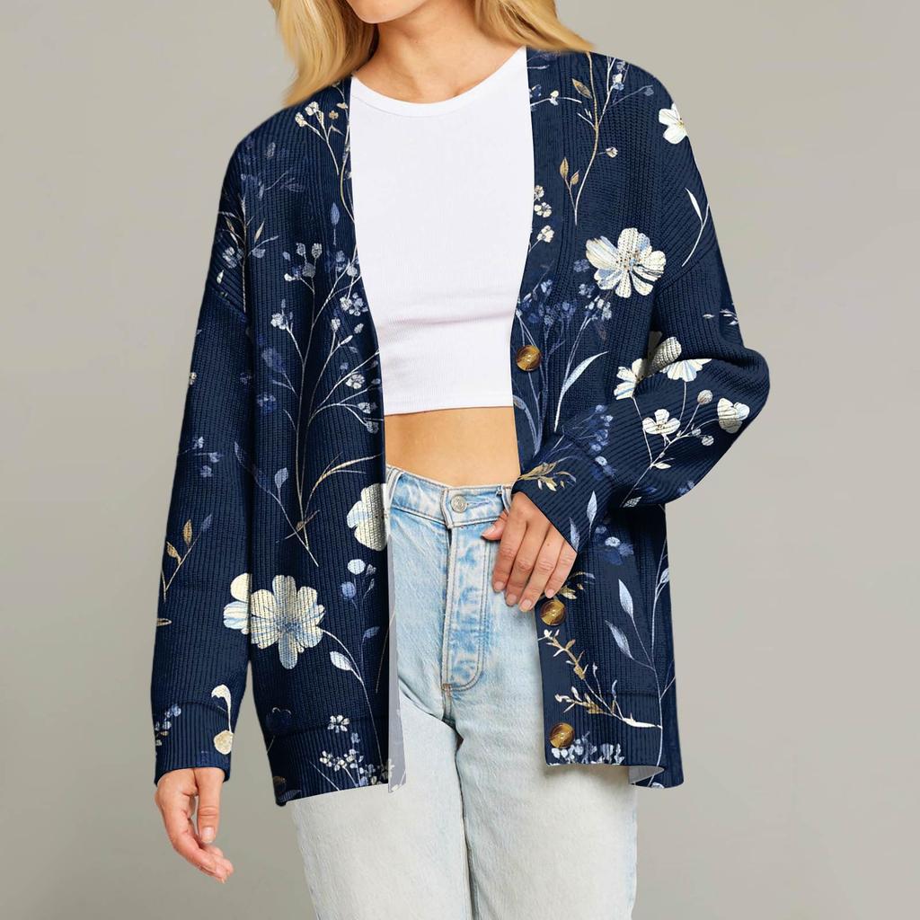 Женский модный кардиган с длинным рукавом, принтом, V-образным вырезом, на пуговицах, свободного кроя