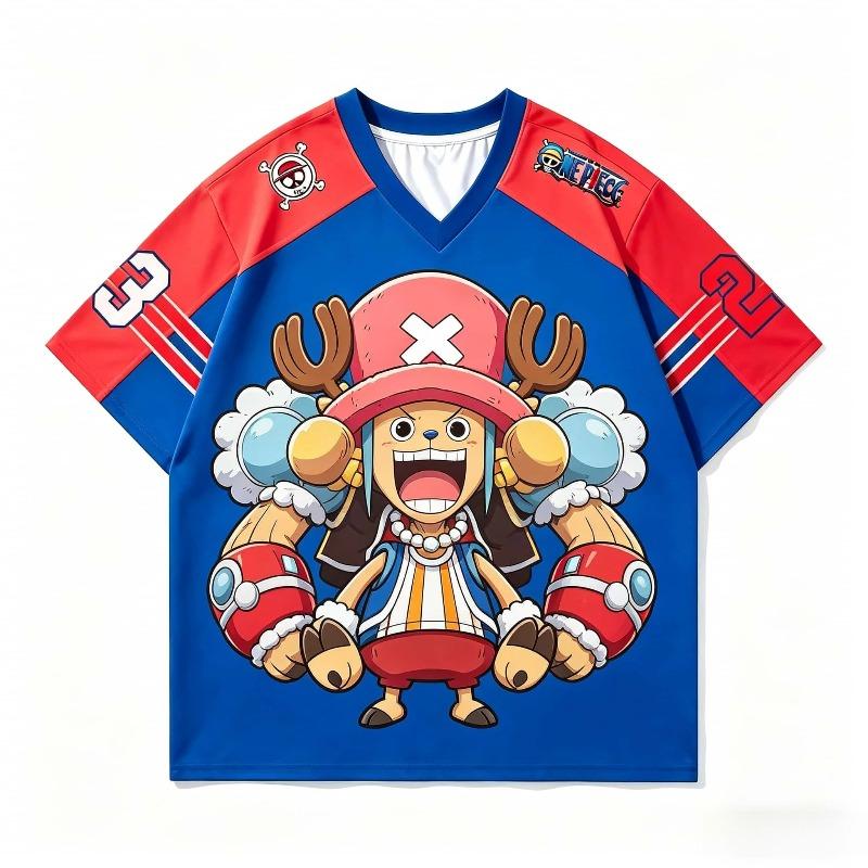 One Piece Q Version Luffy V-Neck Jersey T-Shirt For Kids Boys Girls Quick Dry Breathable Anime Casual Short Sleeve Tops