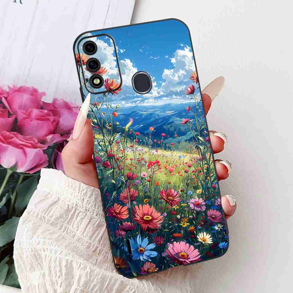 For Itel A48 6.1" Case Fashion Painting Soft Silicone TPU Black Cover For ITEL A48 itel a48 Popular Design Flowers Phone Cases