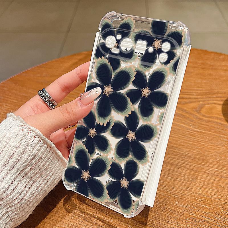 Черный Цветочный Узор Розы Чехол Для Google Pixel 9 Pro XL 9A Ударопрочный ТПУ Силикон Прозрачный Мягкий Чехол