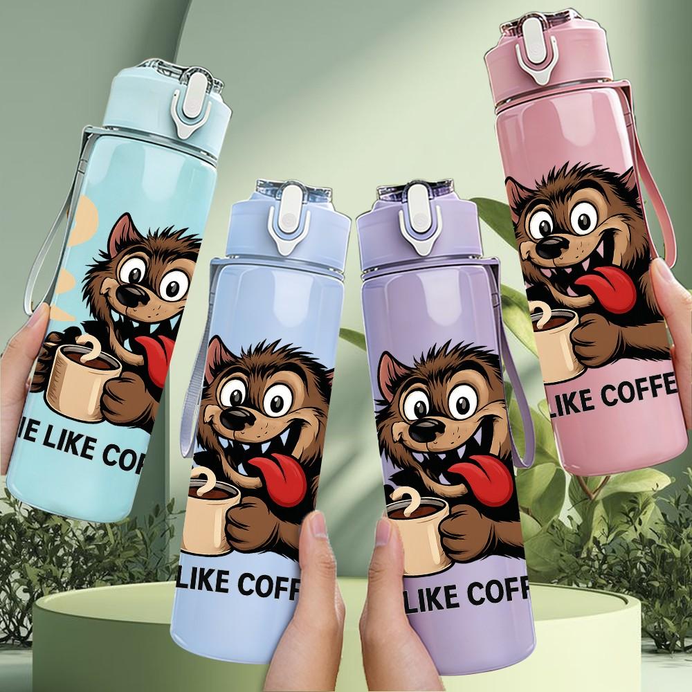1PC Coffee Lover Wolf Cartoon 750ml Color Plastic Sports Water Bottle Leakproof Flip Straw Lid Suitable for Sports Office Home Use