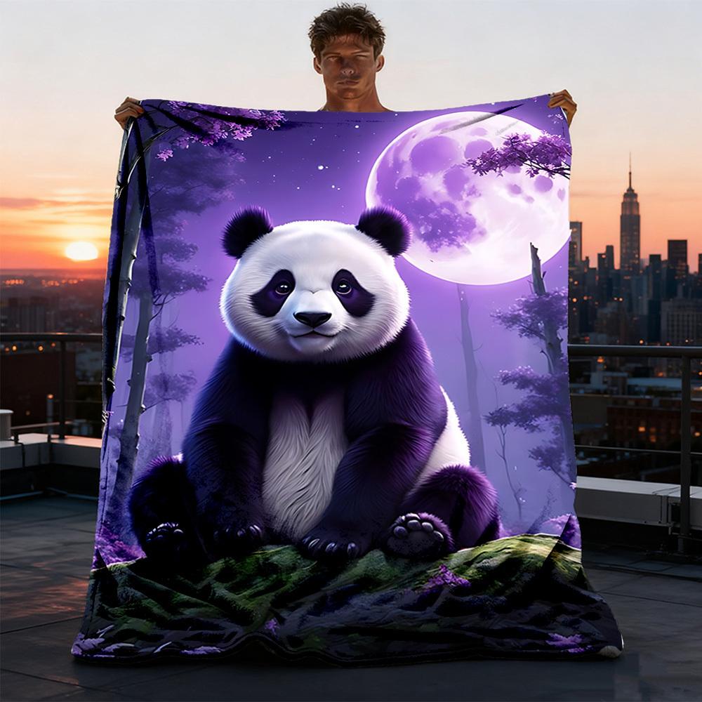 1pc Panda Moon Night Throw Blanket Polyester Fiber, Lightweight Flannel, Soft & Warm, All Season Use for Outdoor, Camping Digital Print