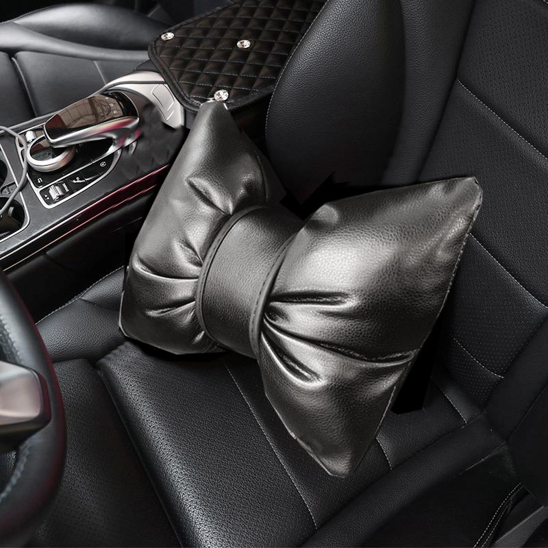 1Pc Fashion Red Bowknot Pu Leather Car Neck Pillow Auto Bow-Shaped Headrest Seat Support Waist Pillows Car Interior Accessories