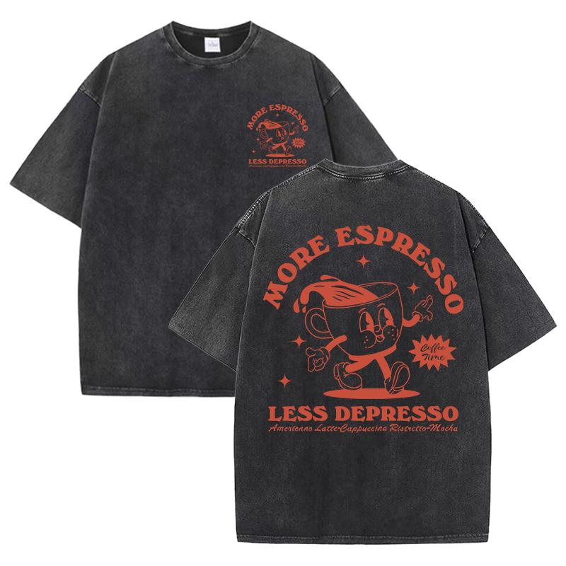 More Espresso Less Depresso Letter Cup Drink Print Washed Womens Tee Shirt Cotton T-Shirts New Breathable Clothes All-Match Top