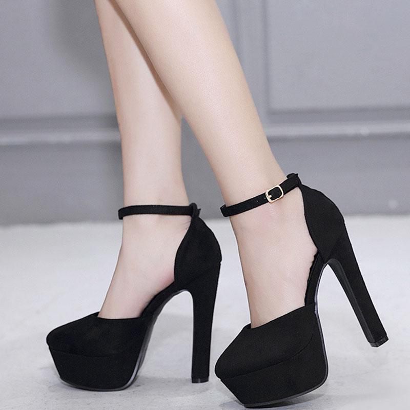14 см ультра высокие каблуки женские сексуальные весенне-летние туфли-лодочки женские туфли на платформе черные замшевые с пряжкой на щиколотке элегантные туфли женские на каблуке