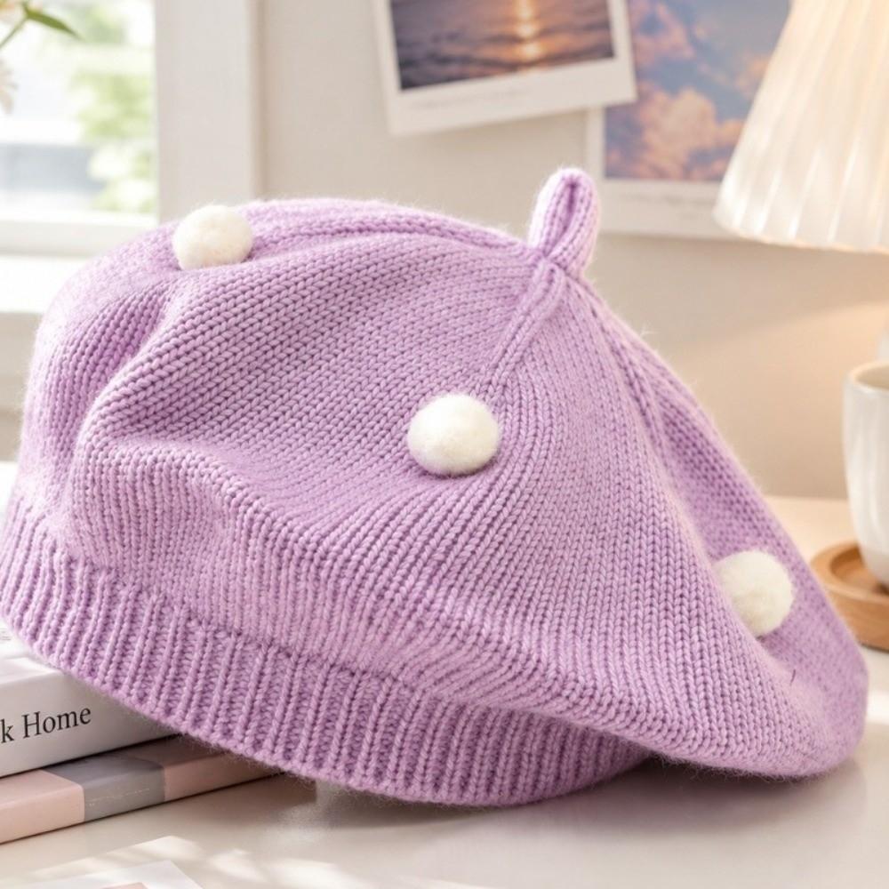 Solid Color Pom Pom Beanie Soft Painter Cap Cozy Kids Knitted Beret Hat Unisex