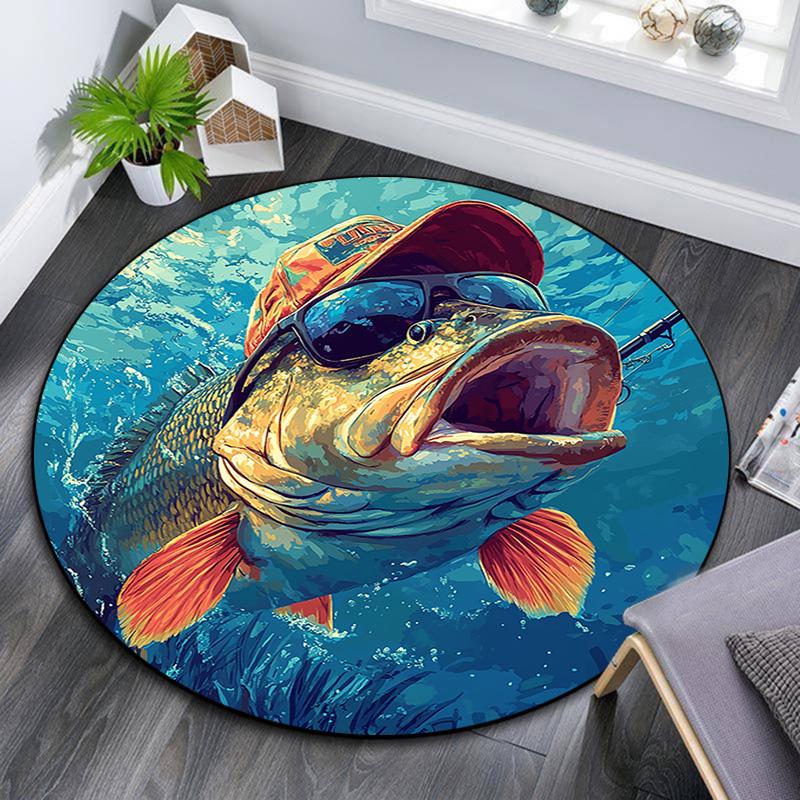Bass Fish Round Area Rug,Carpet Rug for Living Room Bedroom Sofa Playroom Decor,Non-slip Floor Mat