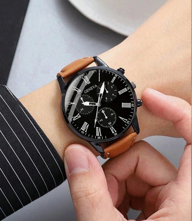 Men'S Three Eyes Business Casual Fashion Trend Belt Quartz Watch Plus Woven Bracelet