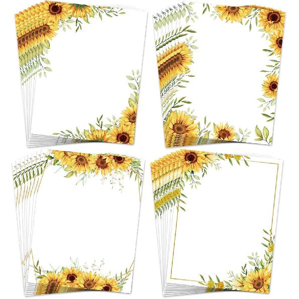 AnyDesign 48 Sheet Sunflower Border Stationery Writing Paper Watercolor Sunflower Letterhead Paper Floral Border Greeting Paper for Wedding Party