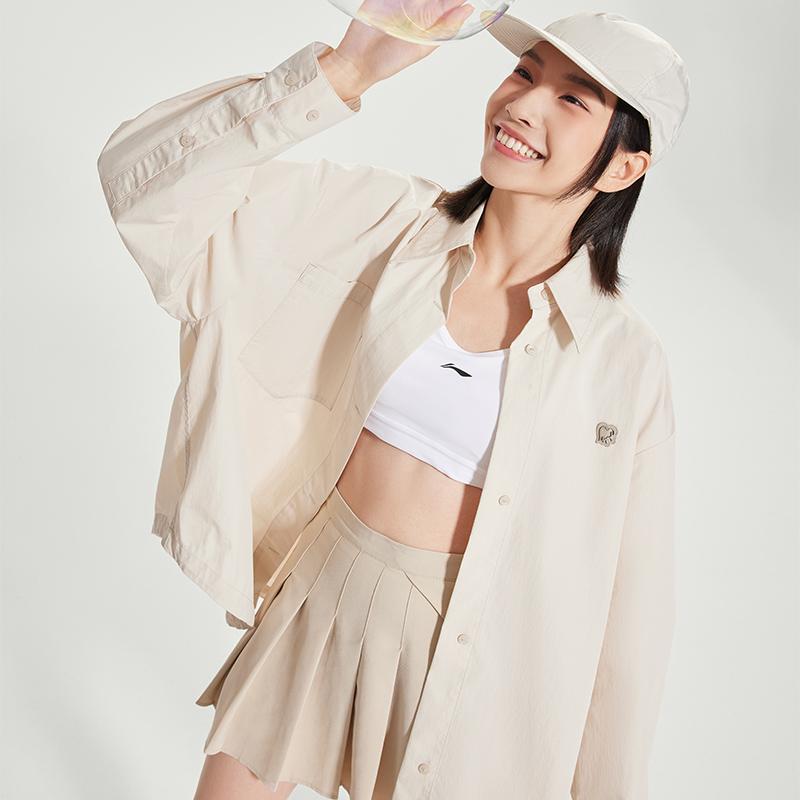 Li Ning Plain однобортная рубашка с заостренным воротником и длинным рукавом женские рубашки овсяно-серого цвета ASHU460-3