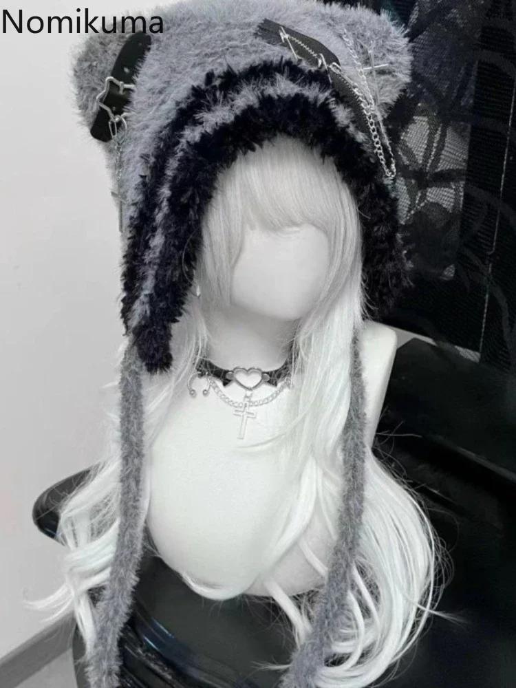 Harajuku Gothic Lolita Вязаная шапка с кошачьими ушками Женская панк-дизайнерская зимняя черная шапка-бини Милая шапка Женские аксессуары Кепка