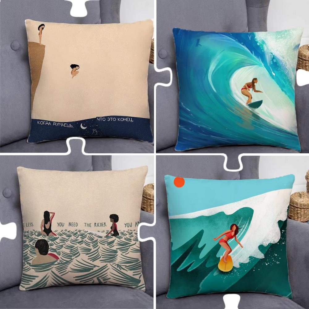 Beach Man Girl Surf Pillow Case Pillowcase Home Sofa Cushions Car Cushions Pillowcover Office Pillowshell Pillow