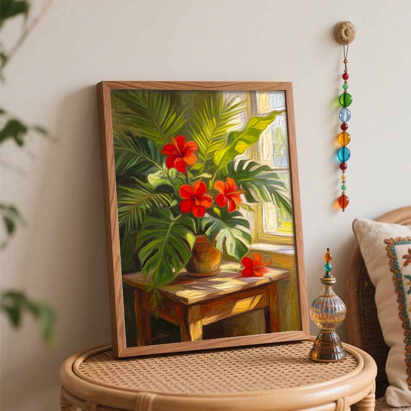 Red hibiscus flower in vase oil painting digital painting kit handmade diy painting home decoration painting