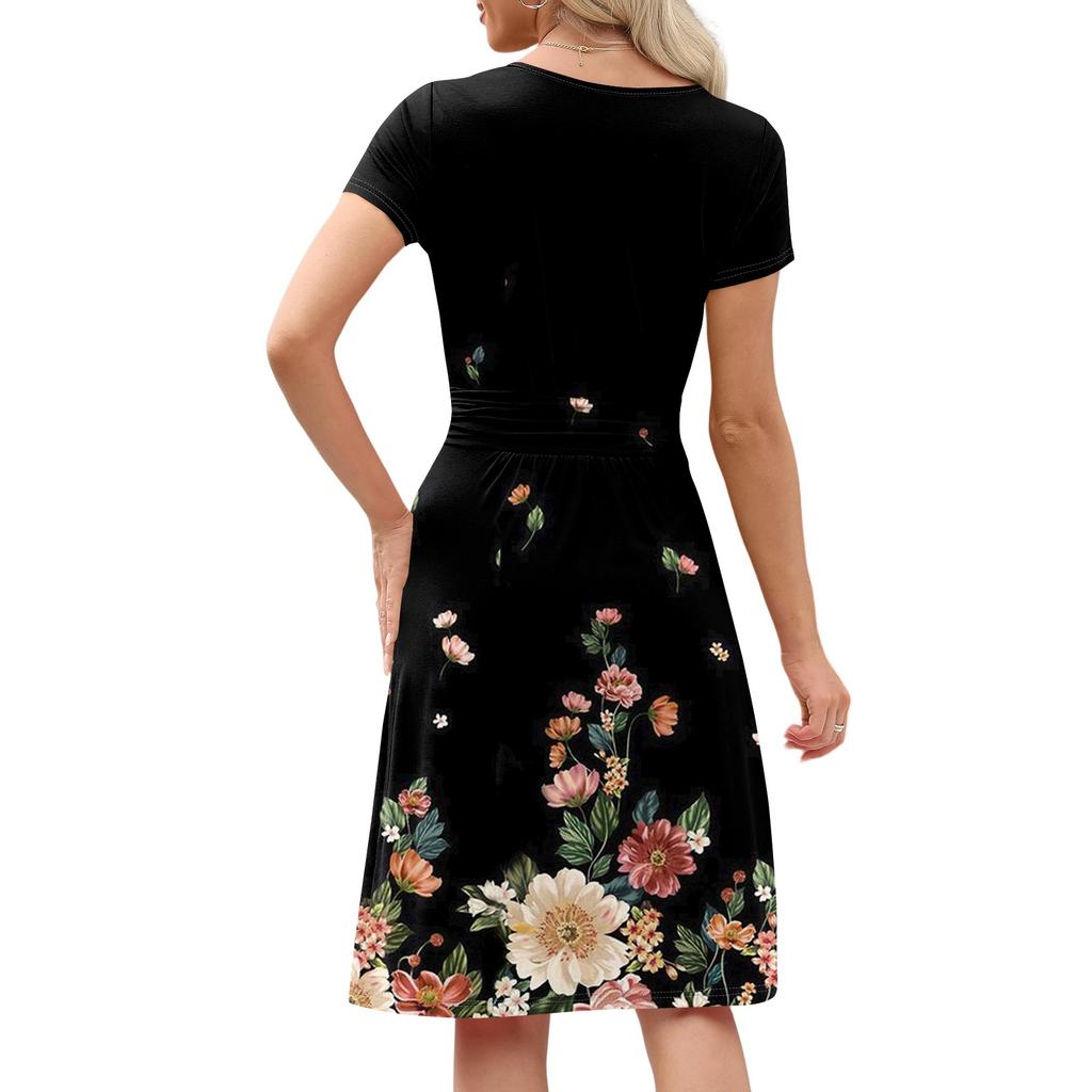 Женское повседневное модное платье миди А-силуэта с круглым вырезом, плиссированными короткими рукавами и ретро-цветочным принтом