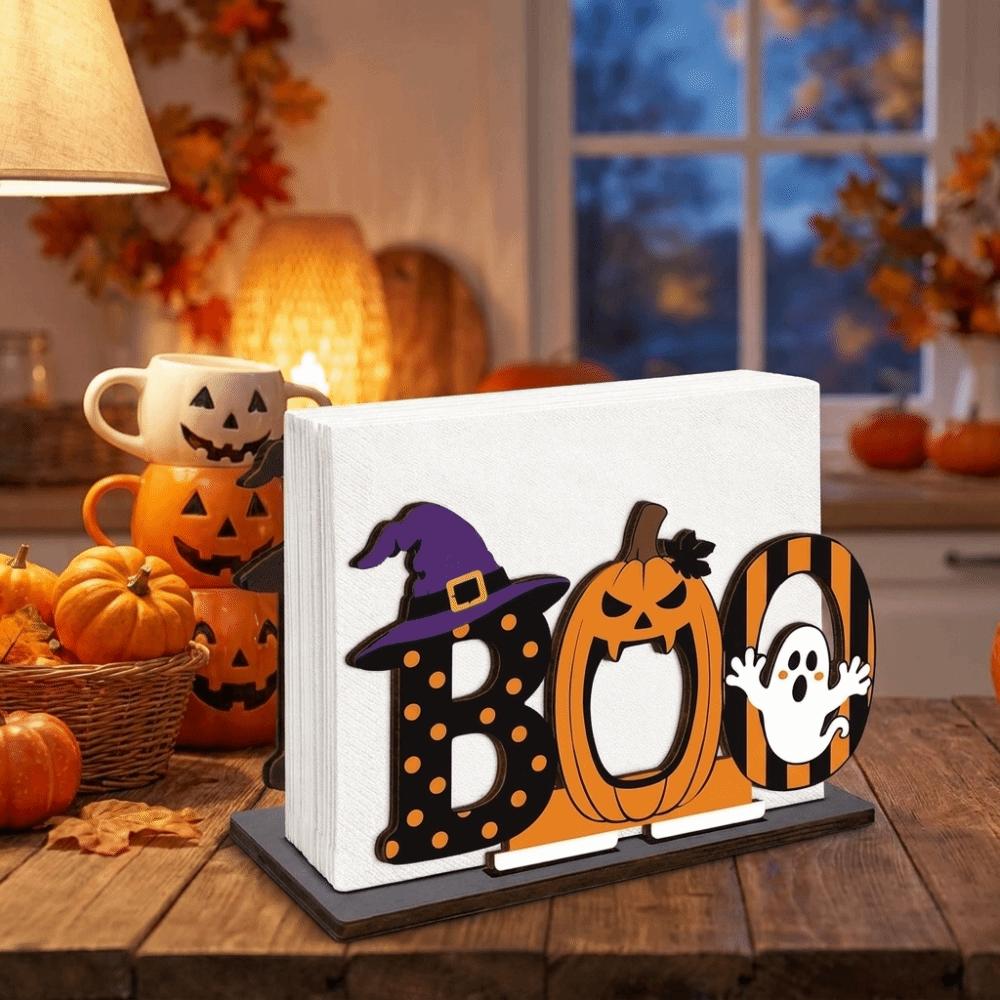 Wood Wooden Napkin Holder Ghost Pattern 2D Flat Tissue Holder Holiday Party