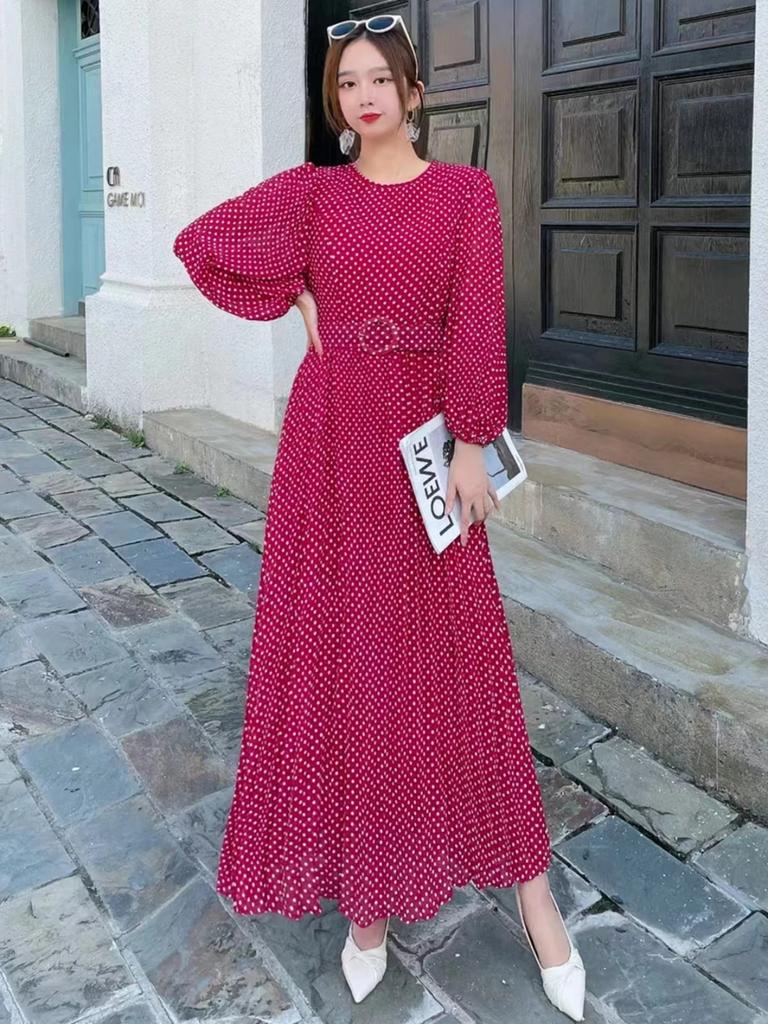 Новое женское длинное платье с длинным рукавом и поясом, элегантное шифоновое платье в винтажном стиле с плиссировкой и большим подолом высокого качества