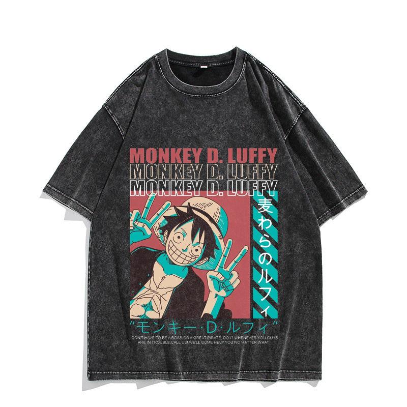One Piece Luffy Kidd Law Printed Tshirt Mens and Womens Washed Tshirt High Quality Vintage Cotton Tshirt Harajuku Tops