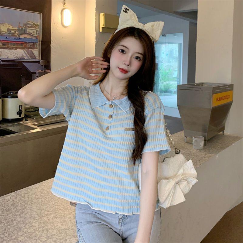 Летняя футболка с открытыми плечами, женская трикотажная футболка с воротником-поло, милый дизайн с короткими рукавами