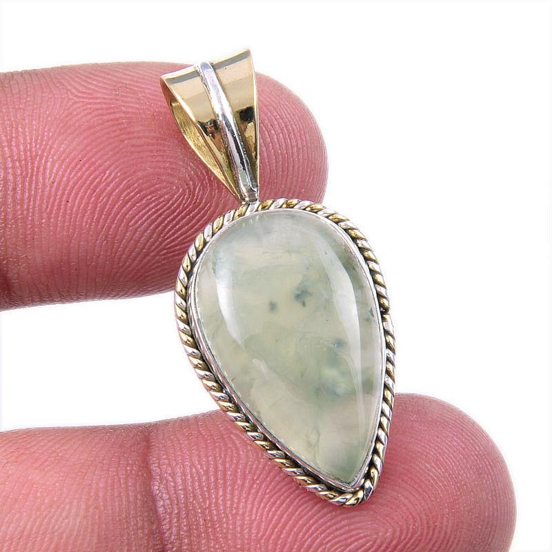 Natural Prehnite Gemstone 925 Solid Sterling Silver Two Tone Pendant 1.25" b0E31