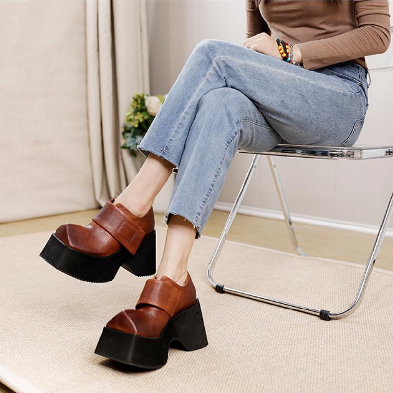 Johnature Туфли из натуральной кожи в стиле ретро на толстой подошве 10 см, женские однотонные туфли на платформе с квадратным носком