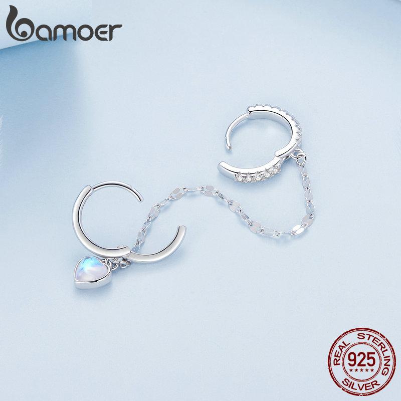 BAMOER 925 Sterling Silver One Piece Heart Moonstone Double Circles Ear Buckle Long Tassel Hoop Earrings for Women Birthday Gift