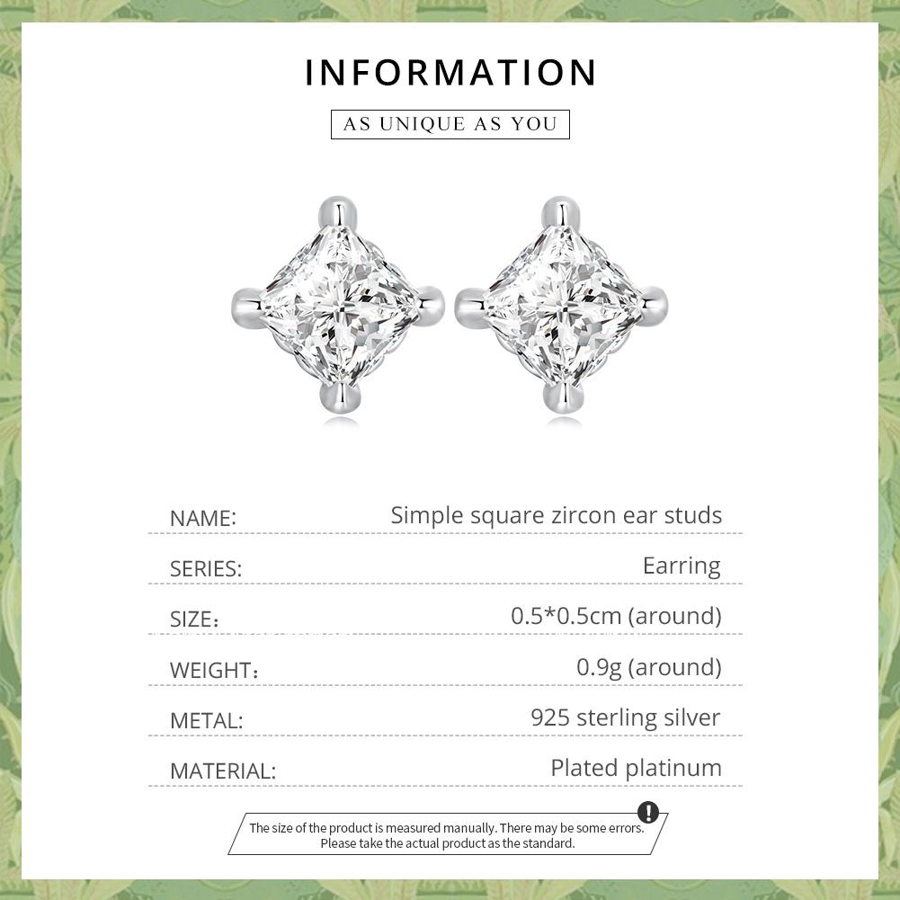 BAMOER 925 Sterling Silver Simple Square Zircon Stud Earrings for Women Trendy Shining Ear Studs Fine Jewelry Gift
