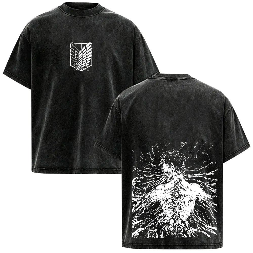Vintage Washed Attack on Titan Anime T Shirt Man New Manga Eren Yeager Graphic T-shirts Men's Casual Cotton Short Sleeve T-shirt