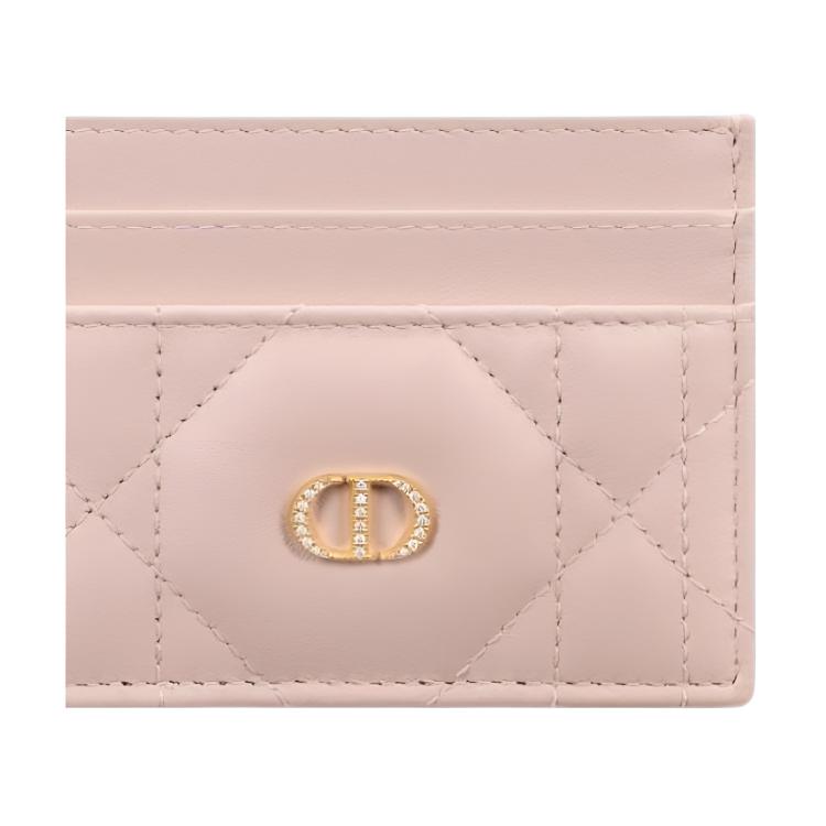 Dior Caro Freesia 25W Brand Logo Gold Finish Metal CD Emblem Lambskin Card Holder Unisex Card Holder Pink S4205UHNN-M413