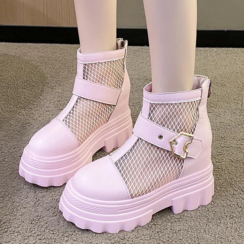Fashion Mesh Breathable Summer Ankle Boots for Women Hollow Out Thick Bottom Cool Boots Woman Chunky Platform Punk Motorcycle Booties