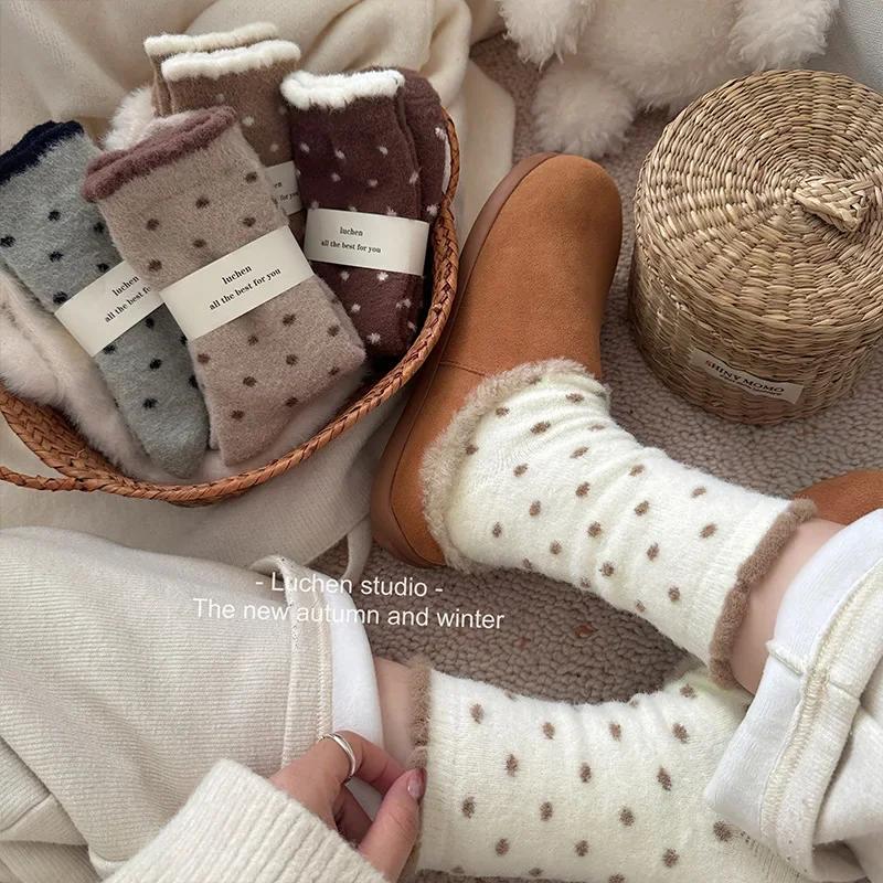 Модные осенне-зимние теплые толстые носки для пола с бархатными точками, из австралийской шерсти, домашние милые носки для родов, универсальные носки для пола