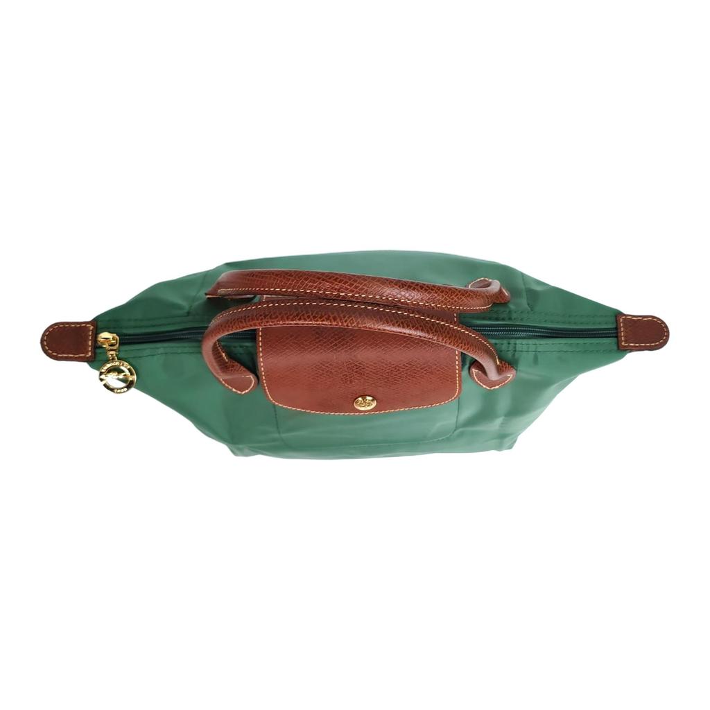 Longchamp Le Pliage Original Минималистичная сумка-тоут для ежедневных поездок Логотип Текстурированный нейлоновый холст и кожа Пельмень Маленькие женские сумки-тоут Шалфей 1621089P84