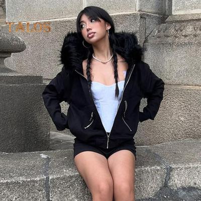 Женское зимнее пальто с плюшевым капюшоном, кардиган в уличном стиле на молнии с капюшоном и карманами на молнии, однотонная теплая свободная верхняя одежда