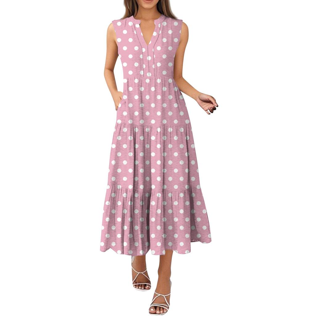 Женские модные летние платья без рукавов с V-образным вырезом и принтом в горошек, плиссированные