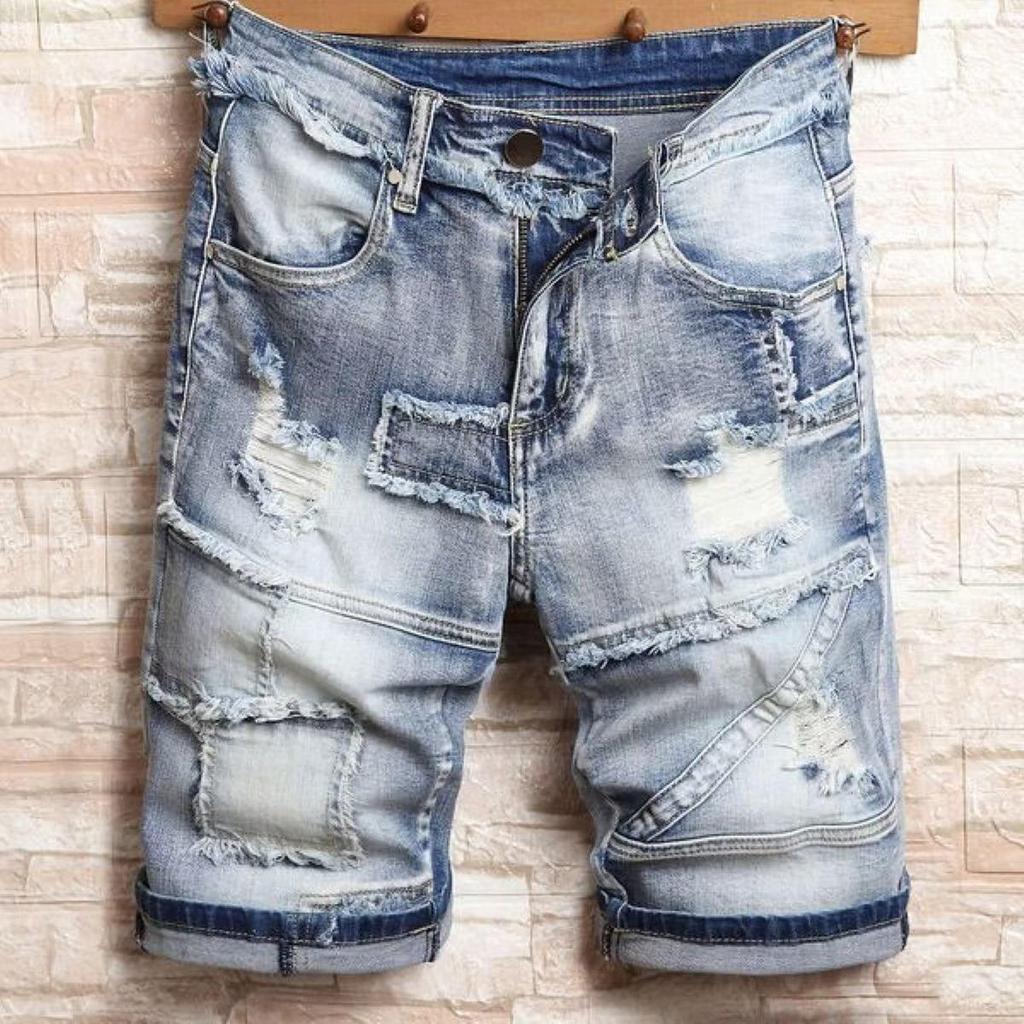 Men's Trendy Mid-Length Slim Fit Ripped Patch Denim Shorts
