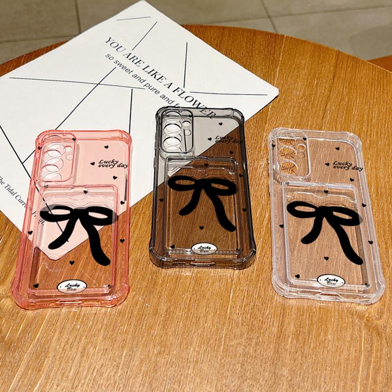 Черный чехол с бантом и слотом для карт, ударопрочный прозрачный чехол для Samsung S25 S24 FE S23 Ultra S22 A56 A36 A55 A16 A06 A15 A26, тонкий, мягкий, силиконовый чехол для телефона