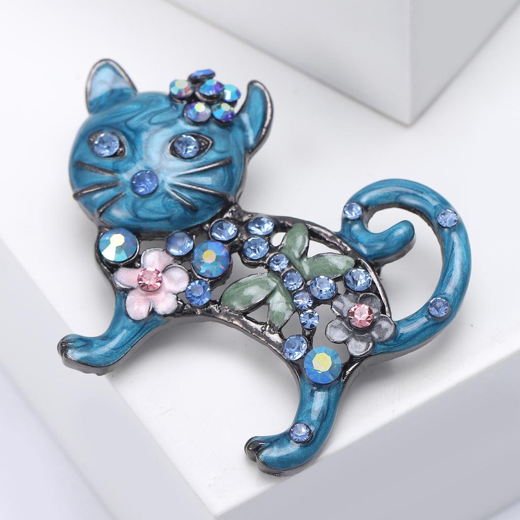 Lovely Enamel Cat Brooch Women Rhinestone Flower Animal Corsage Pins Gifts