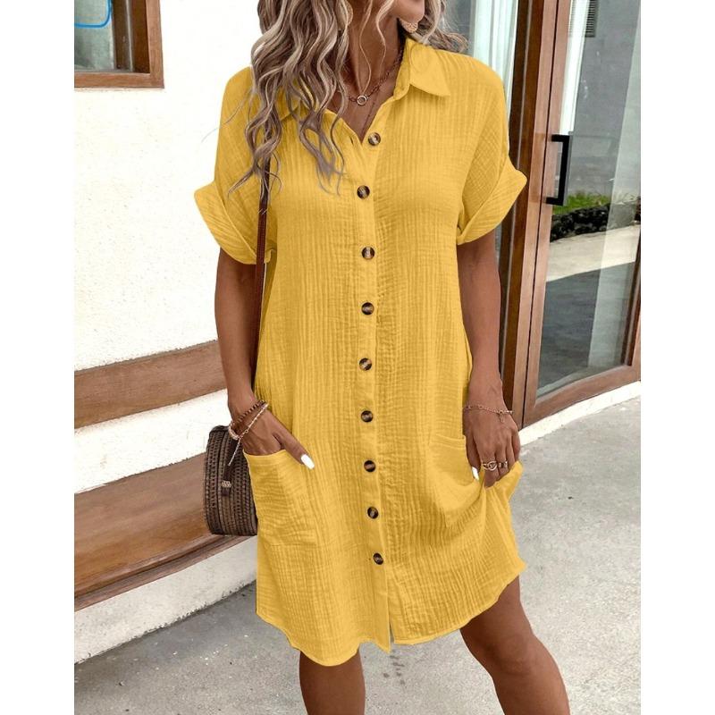 Vezfaa Fashion Womens Summer Spring Solid Color Print Short Sleeve Polo Neck Casual Dresses