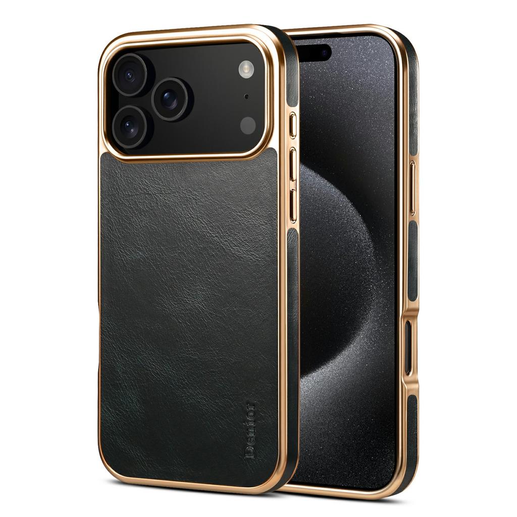 DENIOR A01 For iPhone 17 Pro Max Case Waxy Texture Genuine Cow Leather Electroplating Back Cover