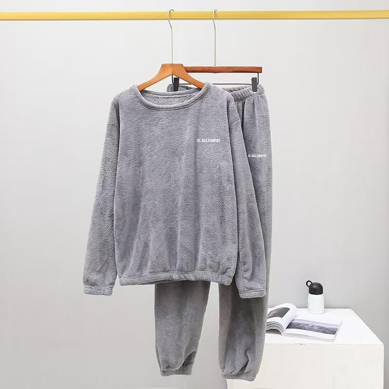 Women's Flannel Warm Home Sleepwear Sets Solid Color Round Neck Fleece Thick Pullover Lady Pajamas Long Sleeve Pants Casual 2Pcs