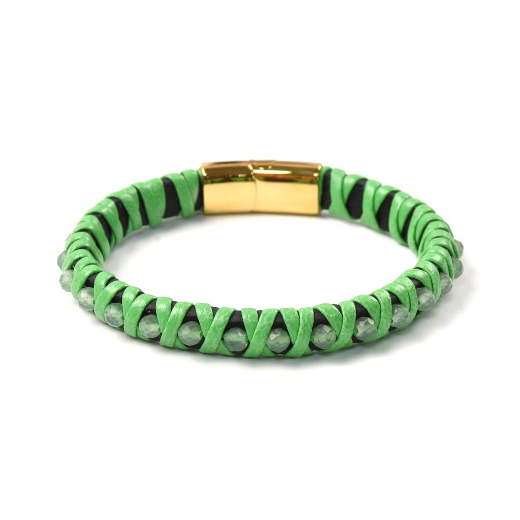 Fashion Trendy Gold Plated Stainless Steel Chain Charm Braided Leather Bracelet with Natural Stone Women Gift