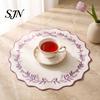 Large Round Placemats for Banquet Embroidered Placemat, 15 Inch Scalloped Leaf Bow Embroidery Retro Style Edge Table Pads Washable Fabric Heat