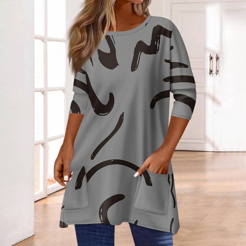 3/4 Sleeve Pocket Tops For Women T-Shirt Casual Print Mid-length Tops T Shirt Round Neck Pullover Blouse