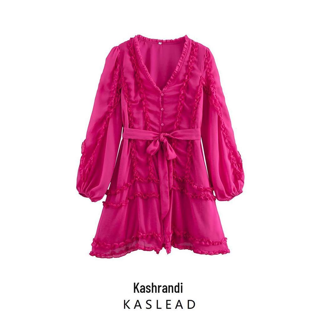 2025 Spring Women's European-American V-Neck Chiffon Ruffle Long Sleeve Dress