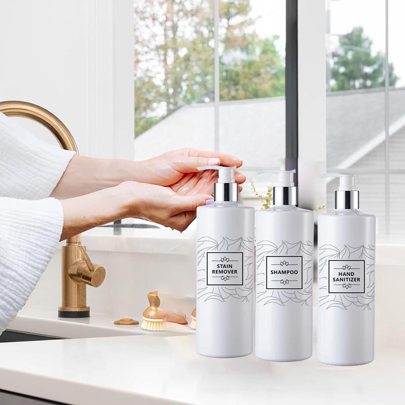 Многоразовая круглая бутылка с насосом, 500 мл, с водонепроницаемыми этикетками для кухни, ванной комнаты, бутылки для шампуня и кондиционера в отеле