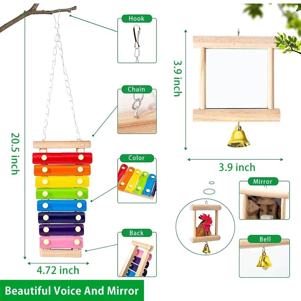 6Pcs Parrot Playing Training Toys Chicken Toys Set Chewing Foraging Toys with Wooden Swing Fruit Vegetable Hanging Feeder