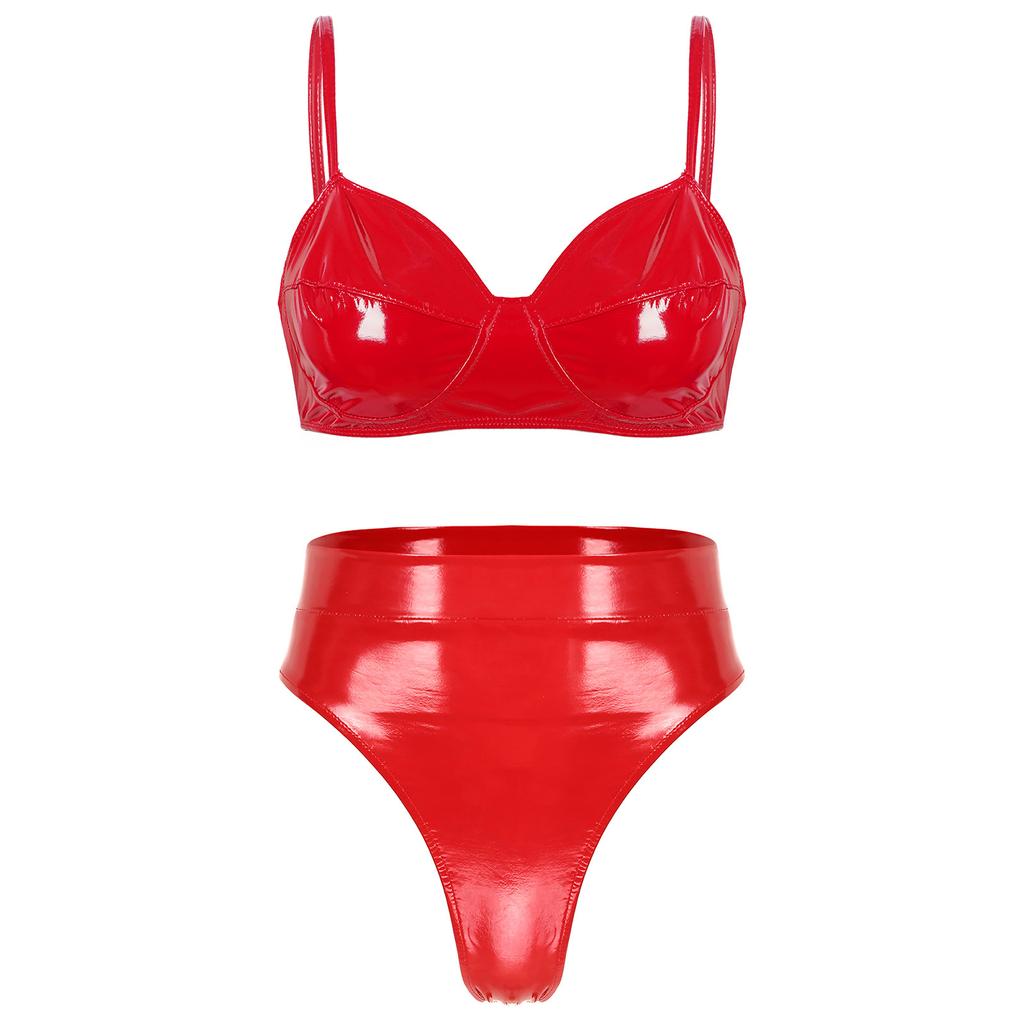 Комплект женского нижнего белья из 2 предметов из лакированной кожи с мокрым эффектом без косточек, бюстгальтер без подкладок, комплект из топа и трусов, клубная одежда
