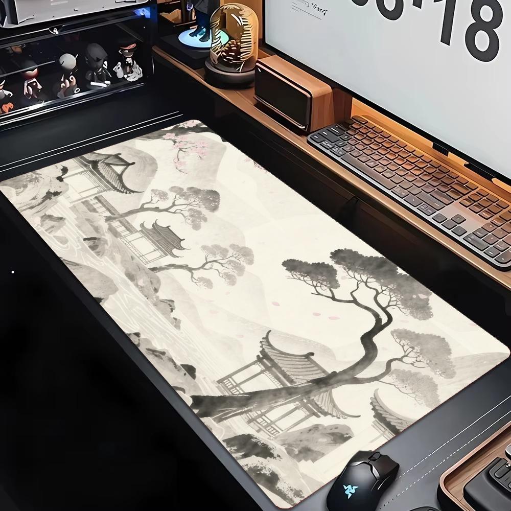 Large XXL Game Mousepad Oriental Ink Painting Mountain Sakura Flower Landscape Deskmat Non-Slip Laptop Keyboard Mouse Mats