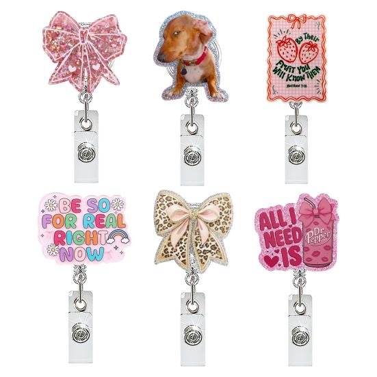 Cute Badge Reel Nurse Reel, Funny Retractable Glitter Acrylic Name Tag Holder with Decorative Clip, Sparkly ID Card for Teachers Student Staffs